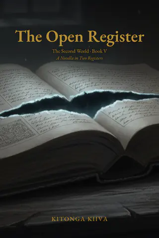 The Open Register — The Second World Book V, a novella by Kitonga Kiiva. Cover: an open ledger torn along its seam, light coming through.